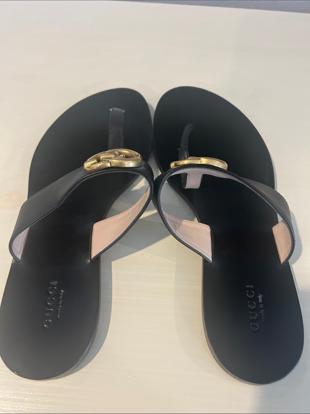 Gucci Black Leather Sandals with Gold Double-G Logo - Picture 3 of 5